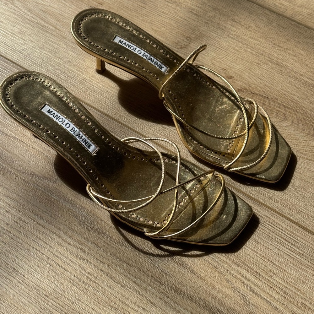 Manolo Blahnik Metallic Gold Strappy Kitten Heel Sandals - Picture 10 of 12